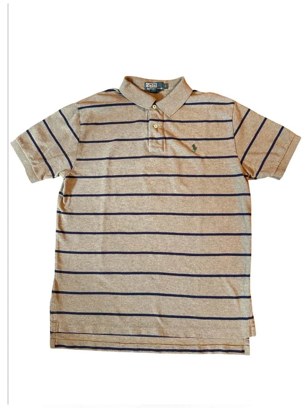 Polo by Ralph Lauren Shirt Mens Brown Navy Blue Striped Short Sleeve Polo Large